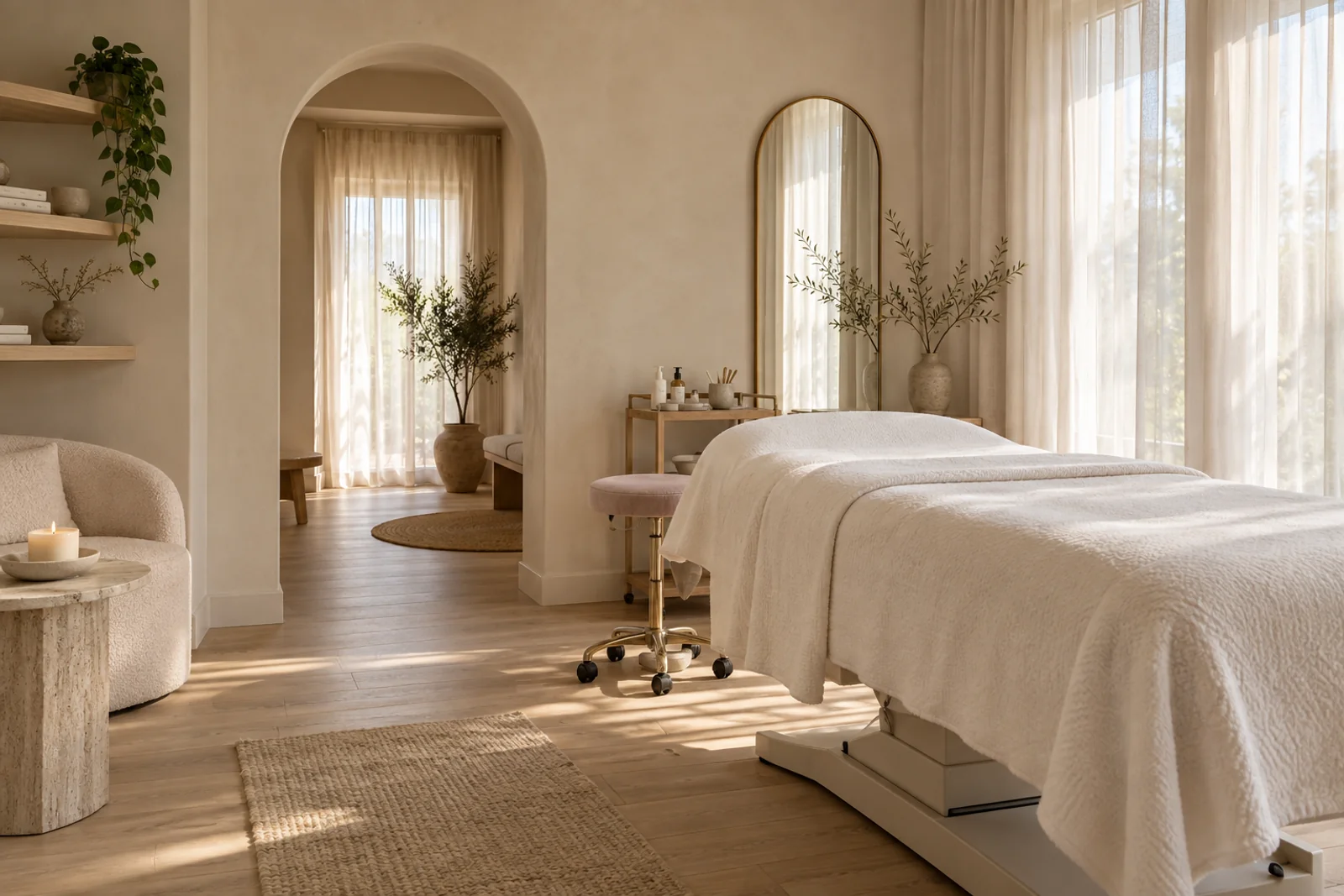 Studio concept with a cream treatment bed, soft linen curtains and warm natural textures